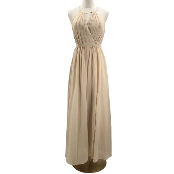 FORMAL SZ 4 S cream tan keyhole pleated halter bridesmaid maxi dress NEW B100 - Picture 1 of 8